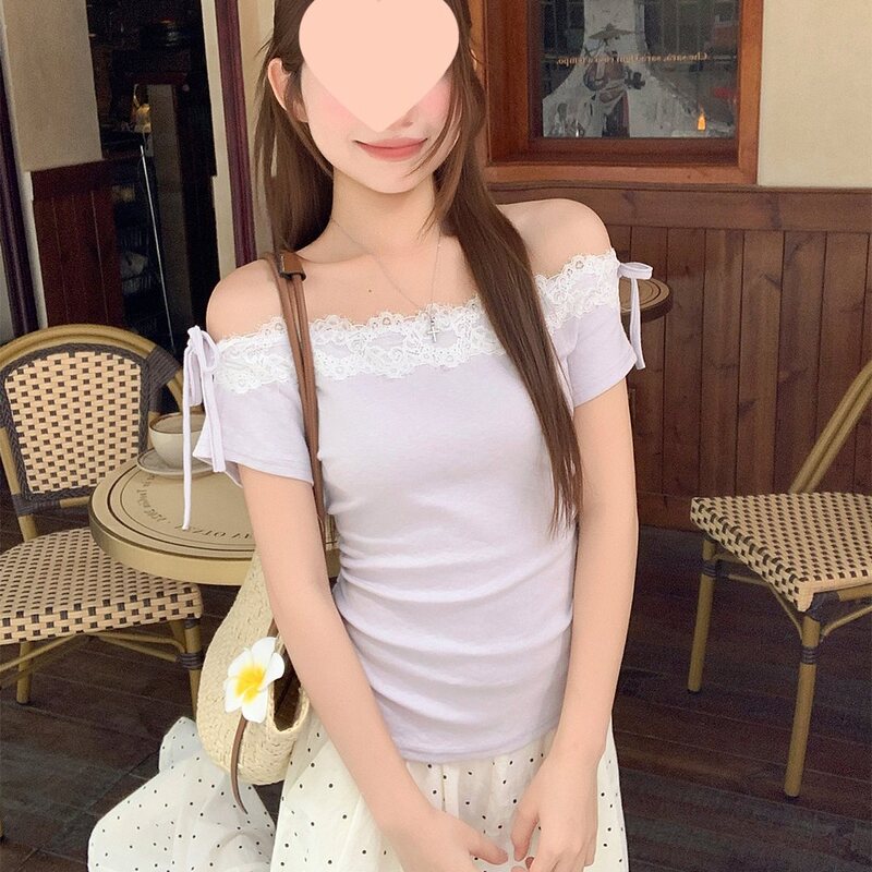 Unique Light Purple Off-Shoulder Lace T-Shirt for Women, New Summer Style, Pure Desire Style, Waist-Cinching, Slimming Top