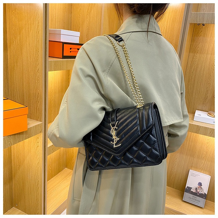 法国气质小方包2023年新款时尚绣线菱格链条单肩斜挎女包包