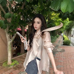 ZQ子晴 微醺暮色＇香槟色荷叶边飘带衬衫女秋法式高级感缎面衬衣