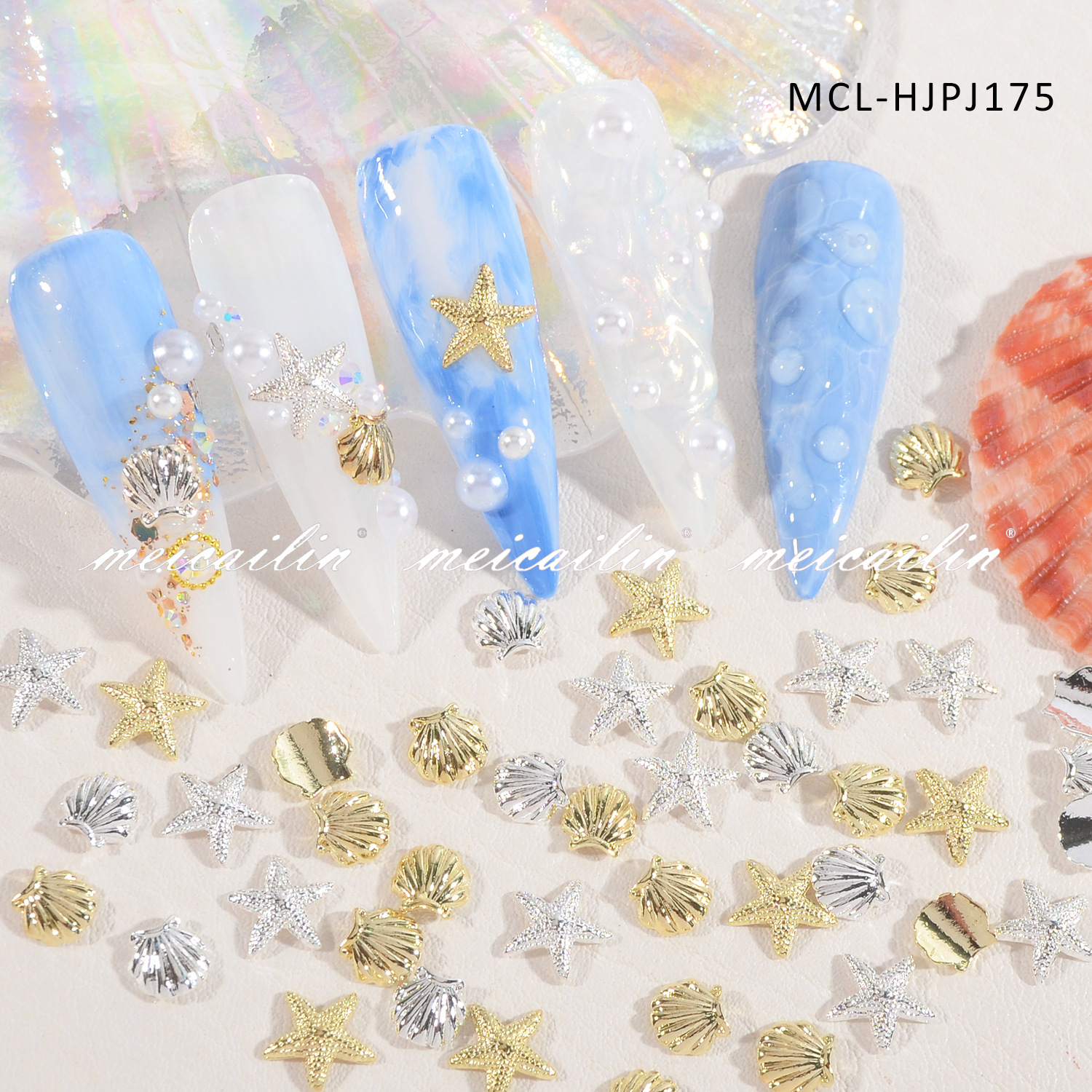 Red famosa nueva aleación tridimensional gran concha joyas de uñas de estrellas de mar metal estilo mar accesorios de uñas de estrellas de mar al por mayor