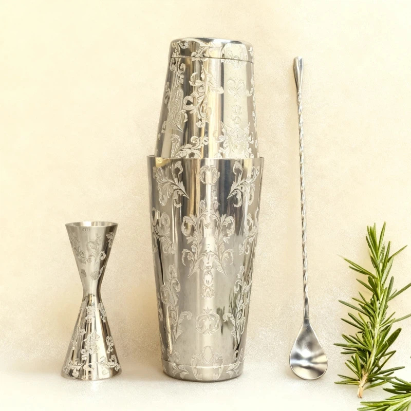 定制酒商创意礼品跨境蚀刻调酒器套装刻花摇酒壶量杯吧勺调酒工具