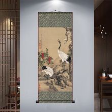 客厅卷轴挂画名家仿古双鹤图蟠桃松鹤延年仙鹤挂画丝绸字画壁画