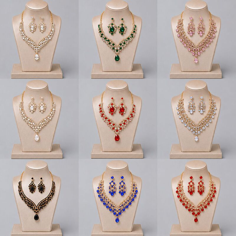 Retro Alloy Rhinestone Jewelry Set Retro European and American Light Luxury Evening Dress Matching Necklace and Earrings Two-Piece Set