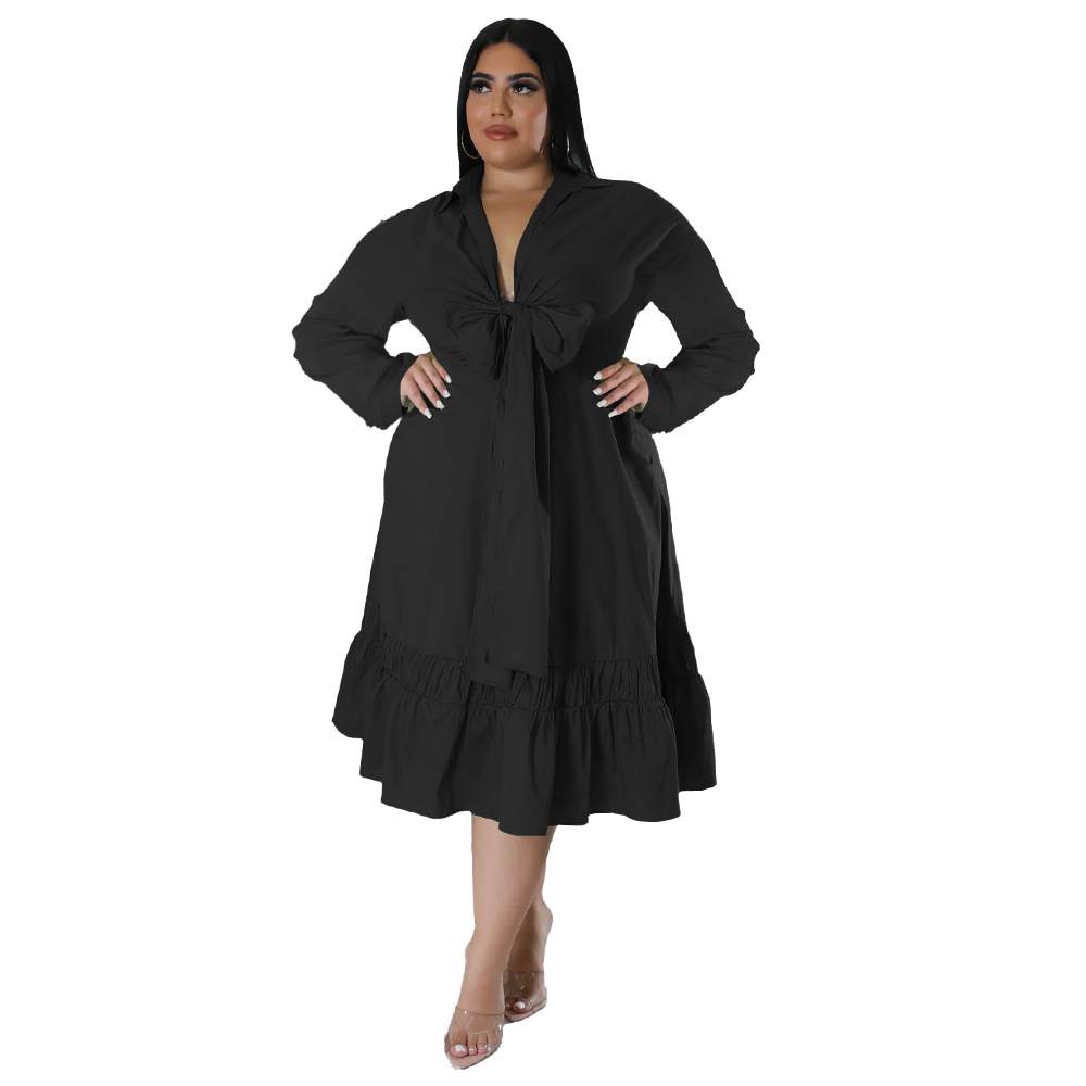 ChicShe N7679 2022 Solid Color Tie Bow Shirt Sleeve Loose Casual Ruffle Plus Size Dress_voghion.com