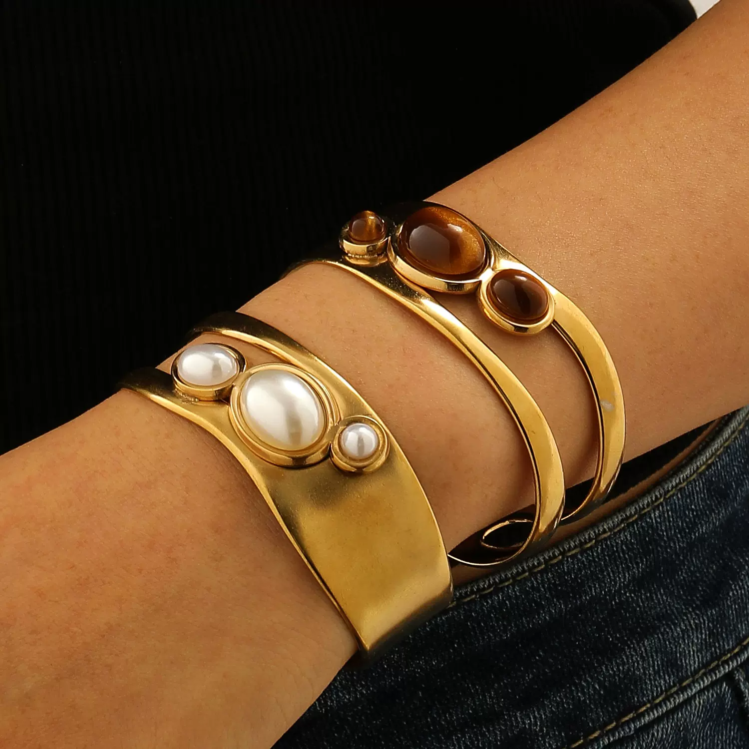 欧美跨境饰品不锈钢镂空椭圆珍珠虎眼石手镯开口镯子时尚手环手饰