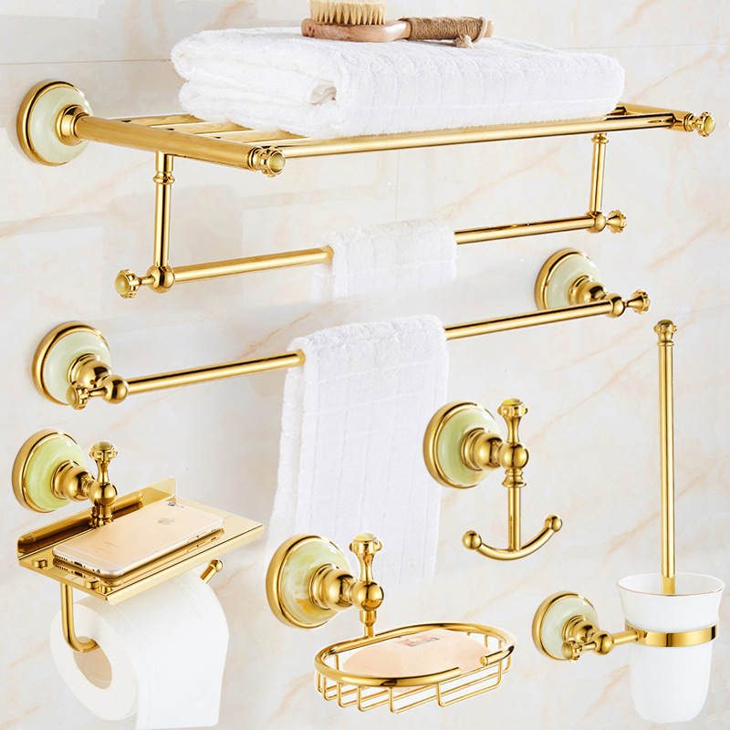 European Style All Copper Bath Towel Rack Toilet Hanger suit Bathroom Storage Rack Bathroom Hardware Jade Golden Towel Rack