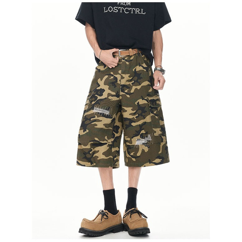 American-Style Ripped Patch Camouflage Wide-Leg Cropped Pants for Men and Women 2025 Summer Vibe Cool Casual Over-The-Knee Cargo Pants
