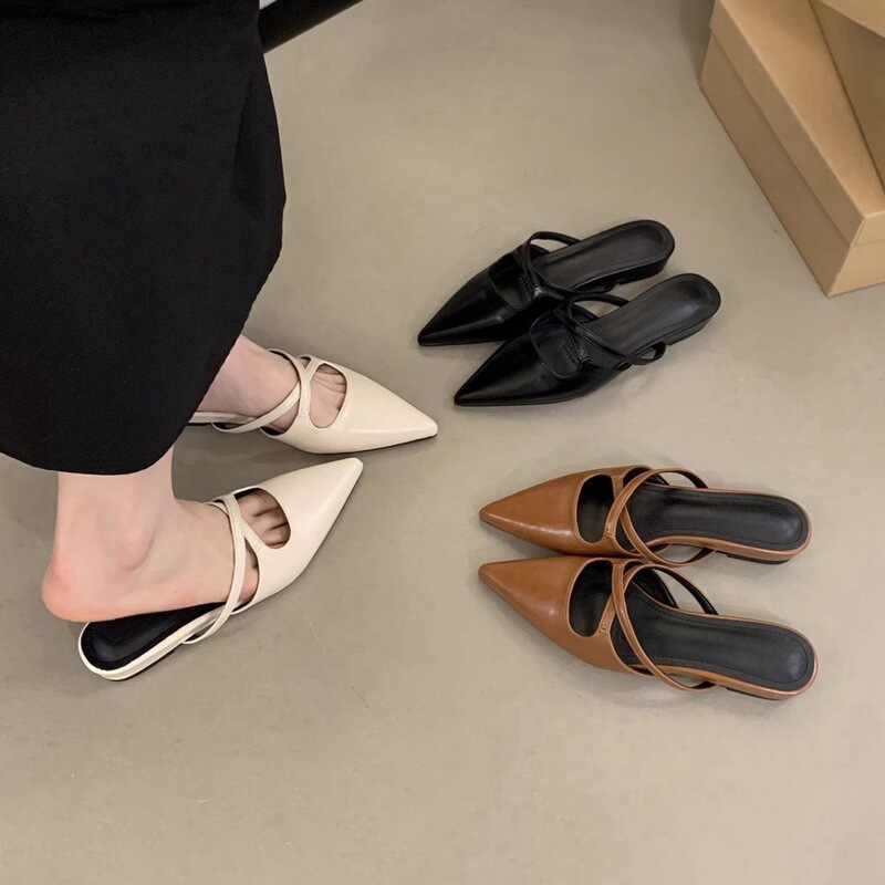 Women's Baotou Half Slippers Women's Summer Outfit Pointed French Style Elegant Fairy Style Soft Leather Flat French Muller Sandals