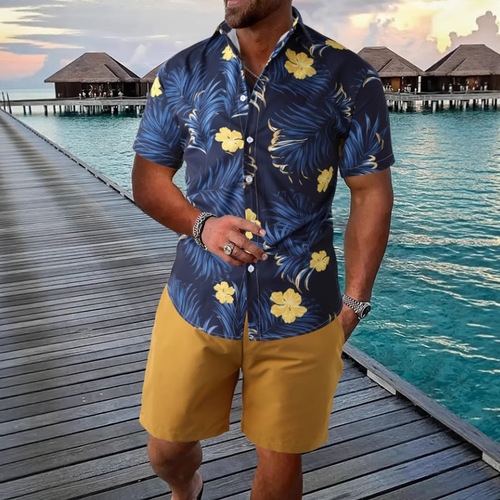Trendy New Hawaii Cross-border Summer Men's Clothing Bestselling Versatile Collar Casual Short-sleeve Shirt and Shorts Set