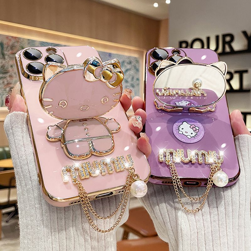 Cute KT Cat for Xiaomi 15 Makeup Mirror Phone Case Red Rice 12C Pearl Pendant K80 Cartoon Stand