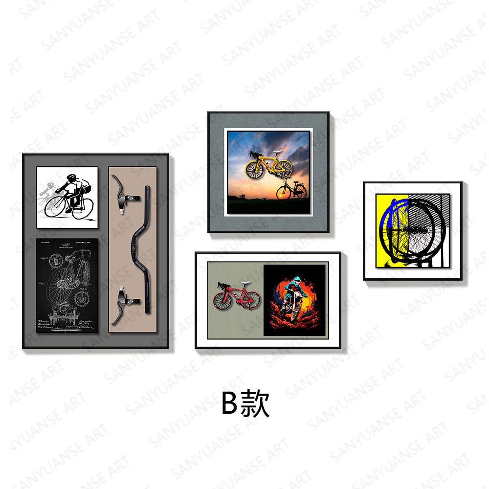 Sofá de sala de estar pared de fondo conjunto de pinturas múltiples combinación de bicicleta 3D tridimensional arte de sentido avanzado decoración creativa pintura colgante