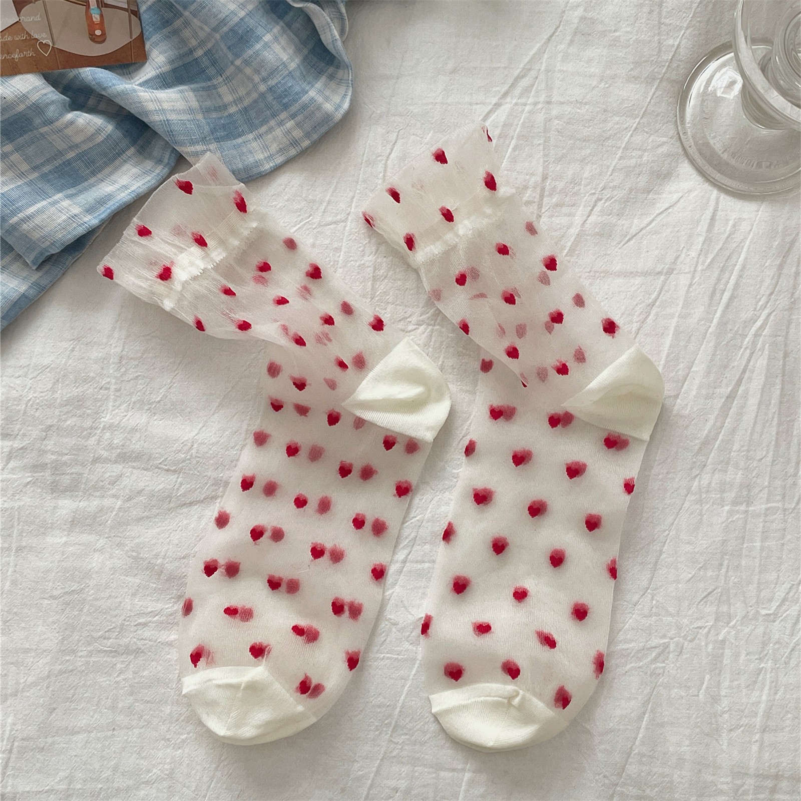 2025 New Japanese Style Glass Stockings Women's Sweet Outerwear Red Love Socks Women's Mid-Tube Spring and Summer Socks Breathable