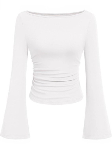 American-style spicy beauty solid color boat neck trumpet sleeve T-shirt for women, autumn version, slim-fitting pleated, invisible, long-sleeved top