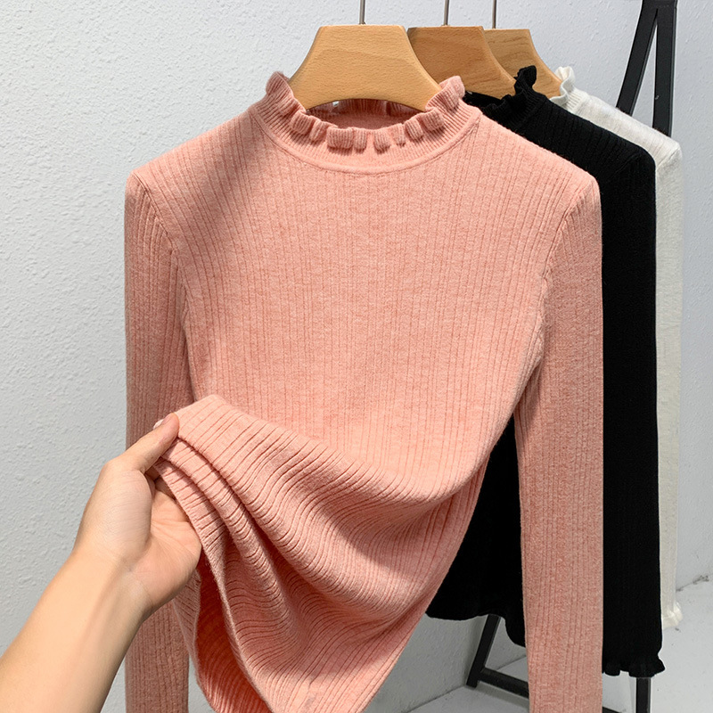 Cuello con volantes punto camisa de fondo para las mujeres 2023 nuevas color sólido suave glutinoso suéter caliente Cintura interior apretado top image 2
