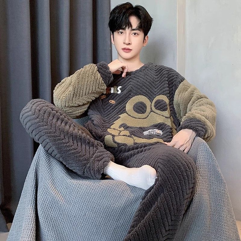 2025 otoño y invierno pijamas de coral para hombres con pelusa gruesa de dibujos animados chaqueta de algodón cálida manga larga ropa de hogar al por mayor