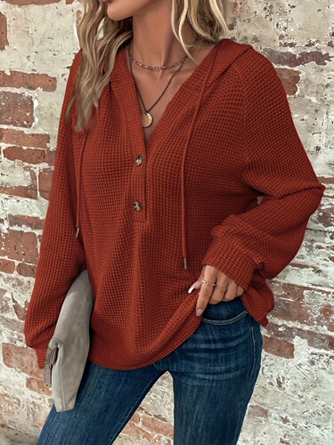 Women's Elegant Long Sleeve Button Embellished Waffle Knit