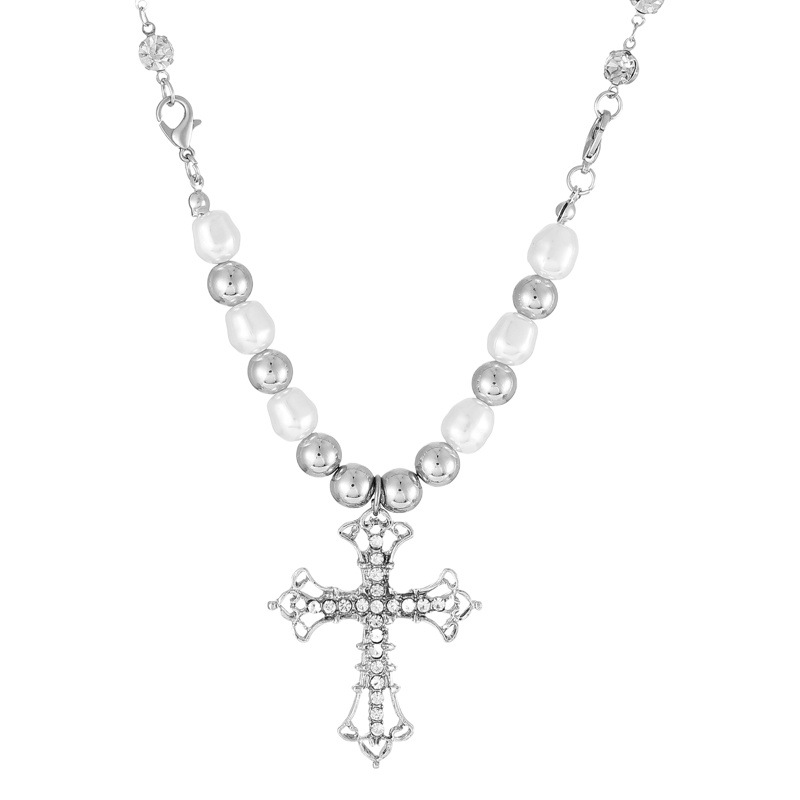 European and American ins Alloy Vintage Pearl Cross Pendant Accessories Punk All-match Multi-layer Sweater Necklace Women's Trendy