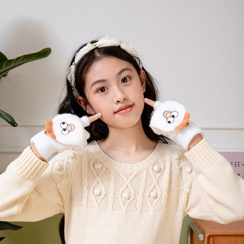 冬の子供の5本の指のかわいいアニメの保温のタッチパネルの半分の手袋のぬいぐるみの厚い半分の指のカバーの5本の指の手袋|undefined