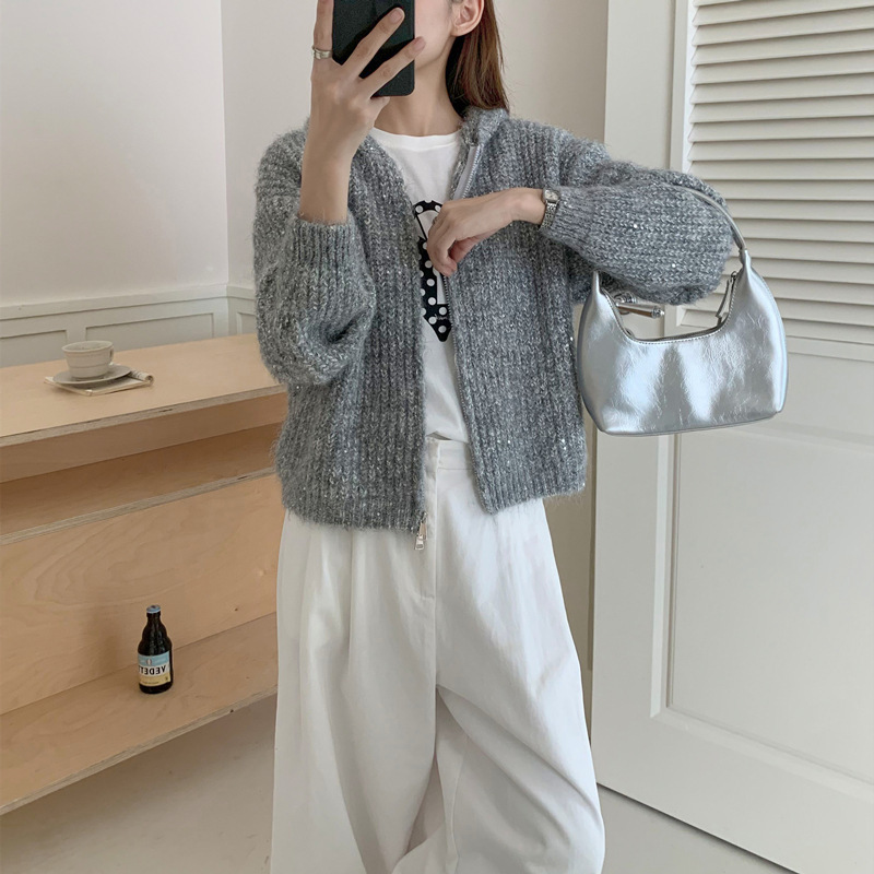 秋冬新款连帽拉链针织外套慵懒风宽松外穿毛衣开衫女休闲百搭上衣|undefined