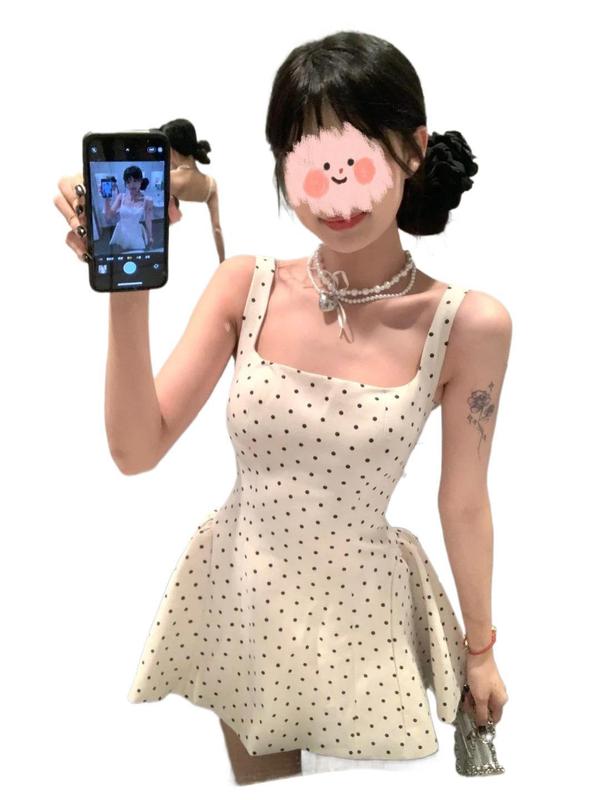 白色波点吊带连衣裙女2025新款夏季小个子法式无袖a字收腰短裙子|undefined