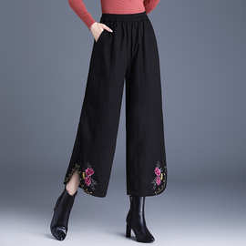冬装民族风棉麻绣花羽绒棉休闲裤阔腿裤 保暖加厚宽松大码棉裤女