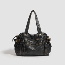 欧美时尚复古手提单肩包2025新款水洗柔软机车包大容量旅行托特包