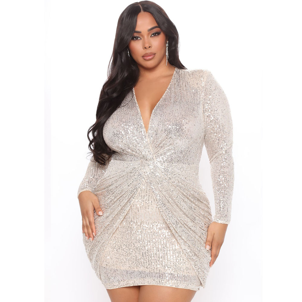 plus size Deep V Sequin Long Sleeve tight solid color Dress NSDLY118712