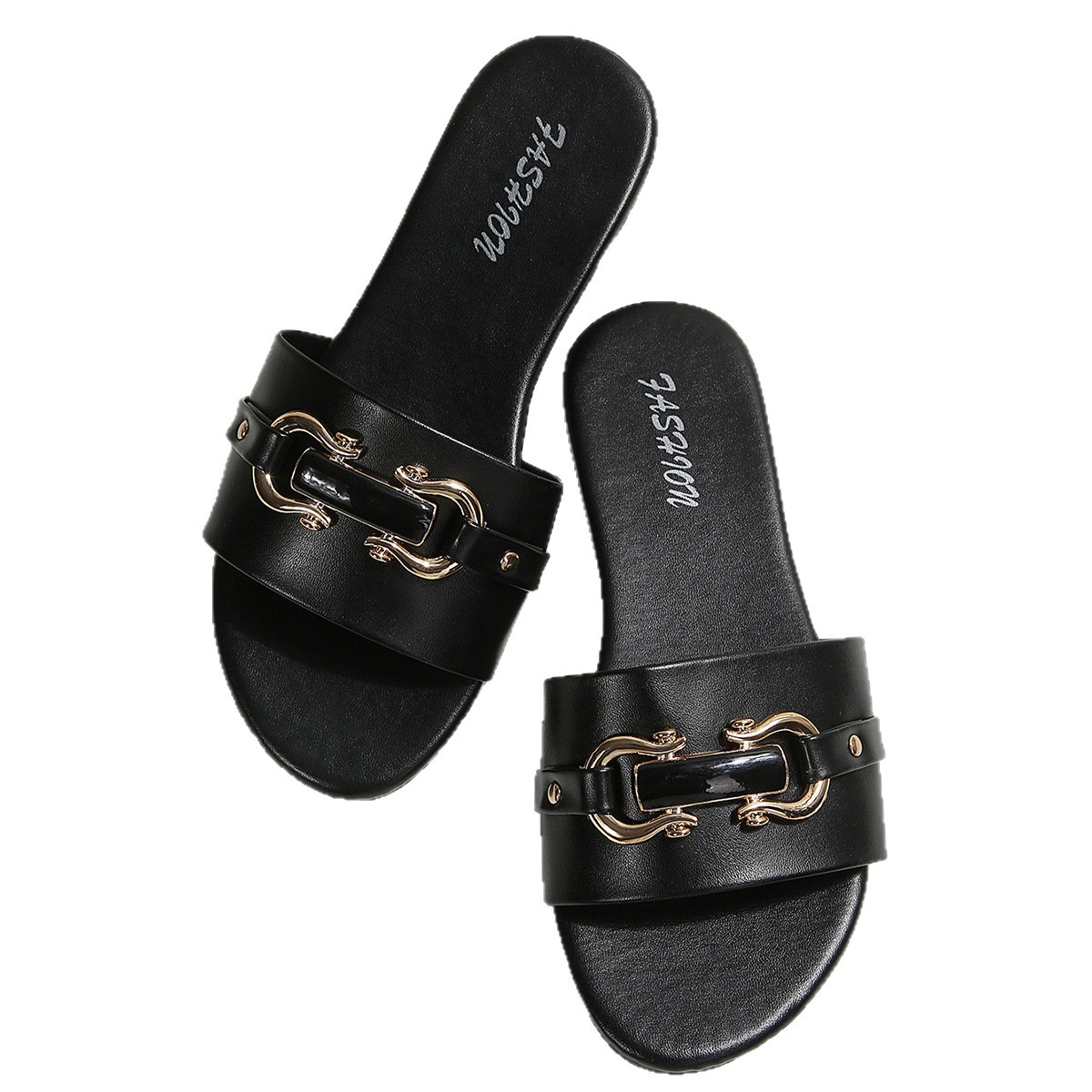 Sandalias Planas de Punta Redonda para Mujer de Cuero Sintético con Hebilla de Metal Color Sólido para Uso Diario