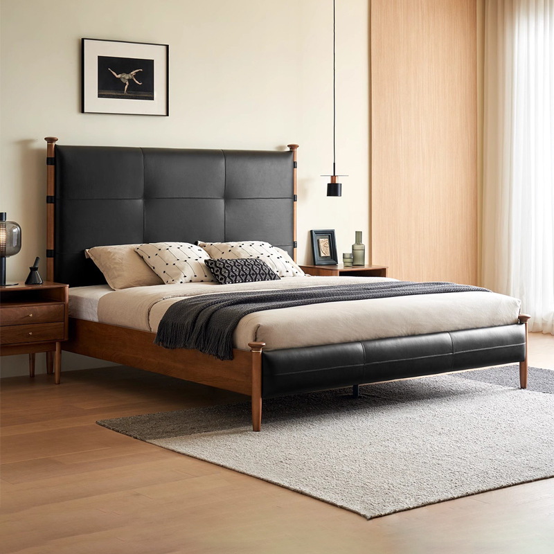 Cama de sicomoro cama de cuero cama principal retro francés primera capa de cuero de vaca madera maciza de lujo ligero cama doble de 1,8*2 m cama de madera maciza