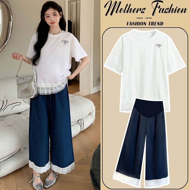 Maternity Wear Summer Suit, New Korean Style, Fashionable and Elegant Outfit That Covers the Pregnancy Belly, Lace Trim, Suitable for Going Out Maternity Wear Summer Suit, New Korean Style, Fashionable and Elegant Outfit That Covers the Pregnancy Belly, Lace Trim, Suitable for Going Out
