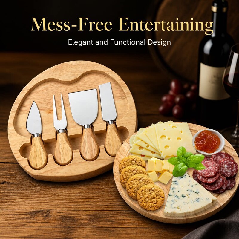 Wooden Cheese Plate Set with Hidden Cutlery Drawer, Four-Piece Cheese Knife and Fork Set, Party and Home Dinner Plate Wooden Cheese Plate Set with Hidden Cutlery Drawer, Four-Piece Cheese Knife and Fork Set, Party and Home Dinner Plate