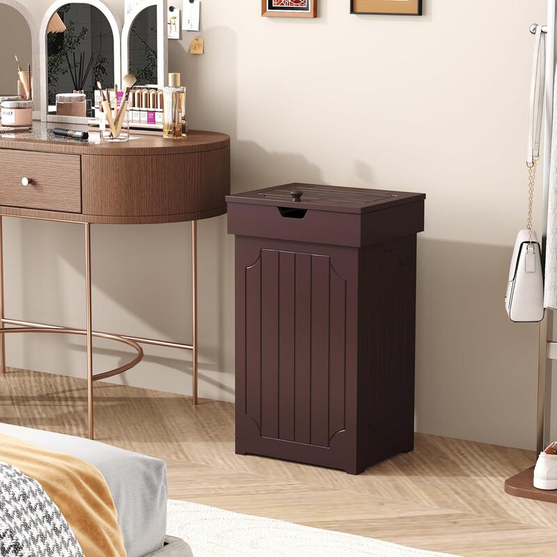 Multifunctional Household Trash Can Cabinet 13 Gallon Kitchen Wooden Freestanding Anti-Pet Tipping with Lid Brown