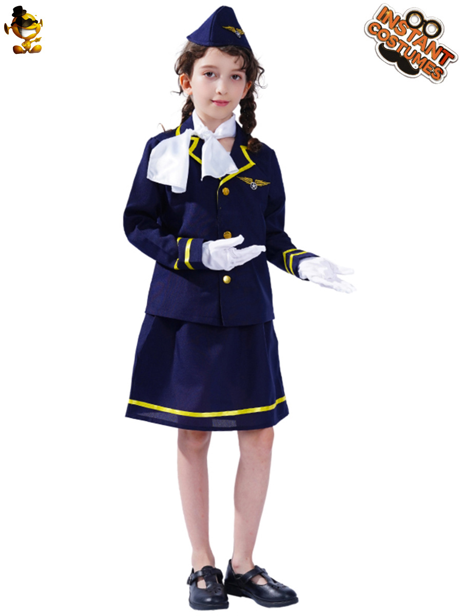 Transfronterizo niños niñas lindo asistente de vuelo traje de azafata niña azafata rol uniforme Cosplay