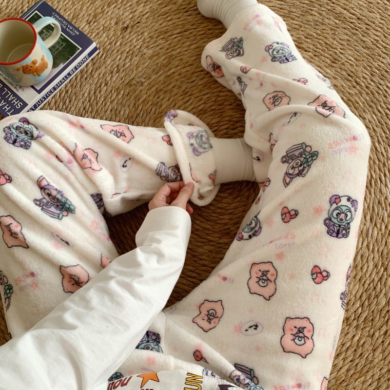 Pantalones de pijama de franela de dibujos animados de otoño y invierno para mujeres con pantalones de lana de coral caliente para estudiantes de lana de invierno para el hogar