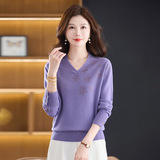 新款秋冬羊毛衫时尚v领羊毛毛衣洋气中年妈妈针织衫100%绵羊毛，女装针织衫/毛衣，妃慕昵服饰