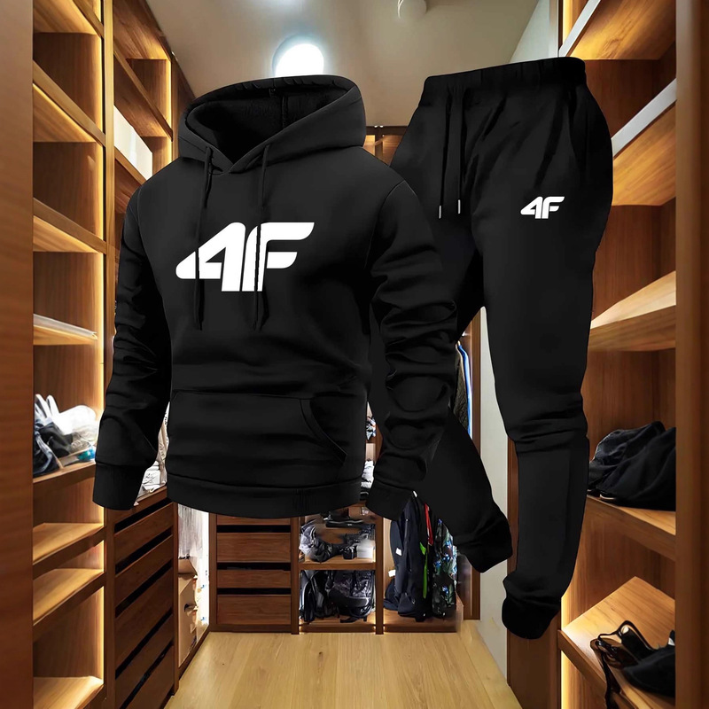 Men's Casual Sports Raglan Sleeve Hooded Sweatshirt Two-Piece Set 4F Printed Sweatshirt Casual Multifunctional