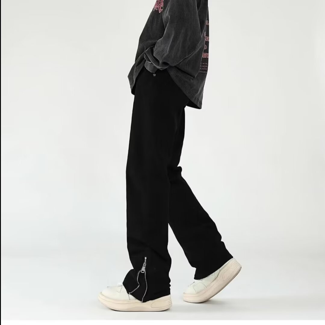 Vaqueros con cremallera desgastados lavados en la calle americana Primavera y otoño Pantalones largos de estilo vibe de moda holgados rectos para hombres