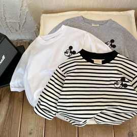 100%纯棉2025春季新款男女童宝宝长袖T恤条纹卡通绣花洋气上衣