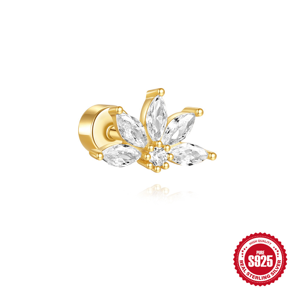 2024 nuevo s925 plata de ley estrella luna flor corona borla brillante personalidad cabeza plana hilo perforador oreja clavo