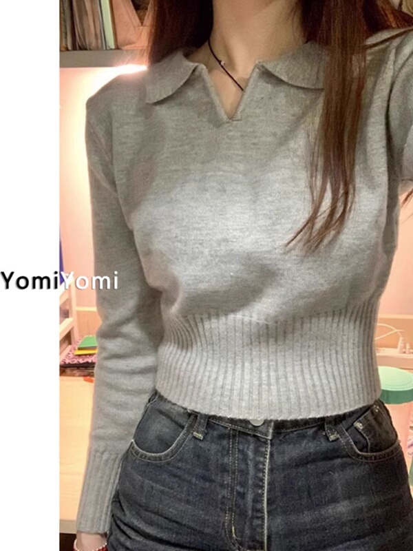 温柔风软糯奶系打底灰色针织衫女毛衣秋季大码胖mm内搭短款上衣潮|undefined