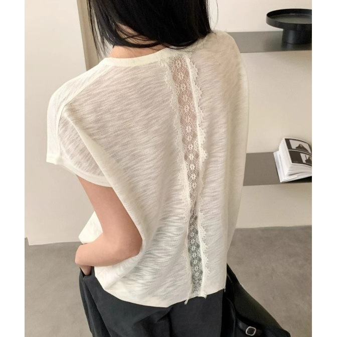 Back Cut Out Lace Short-Sleeved T-Shirt for Women with Right Shoulder Summer Thin Unique and Beautiful Summer Ootd Wear Top
