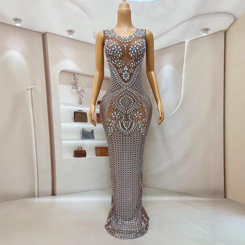 2025 new European and American foreign trade women's full diamond mesh dress sleeveless slim sexy dress ball evening dress 2025 new European and American foreign trade women's full diamond mesh dress sleeveless slim sexy dress ball evening dress