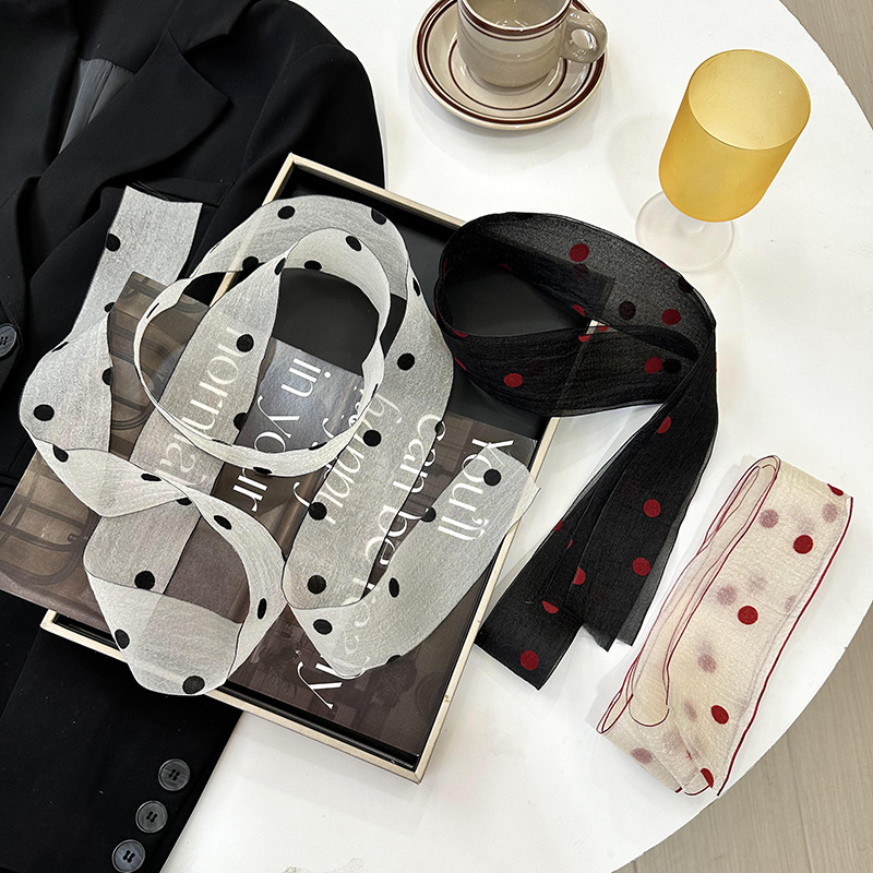 Primavera y verano nueva decoración de lunares serpentina femenina todo-fósforo hada bufanda de seda larga cinturón de pelo literario bufanda de encaje trenzado