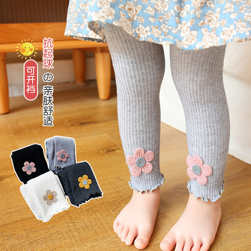  spring new style, thin vertical stripes, sunflower ears, children's nine-point pants, girls' leggings with openable flaps
