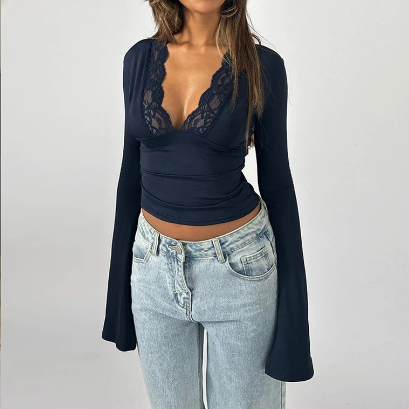 Lace V-Neck Long-Sleeve Slim-Fit Top, Women's Summer Blouse, Multiple Colors S–XL