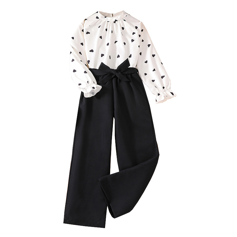 Traje para niñas Traje transfronterizo de ropa para niños de tamaño medio Primavera Nuevo día de San Valentín Camiseta de manga larga con estampado de amor Traje de dos piezas para niños