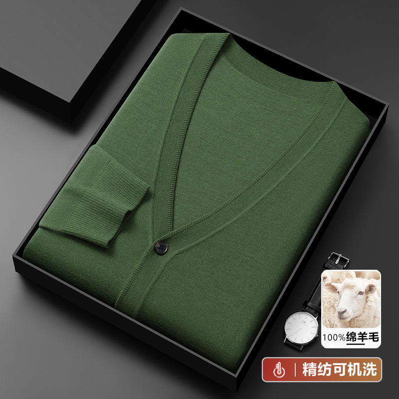 Light luxury men's worsted wool cardigan V-neck spring thin solid color sweater coat real pocket ultra-fine sweater