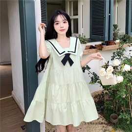 时尚海军领蝴蝶结果绿色连衣裙女夏季新款小个子宽松慵懒风短裙子