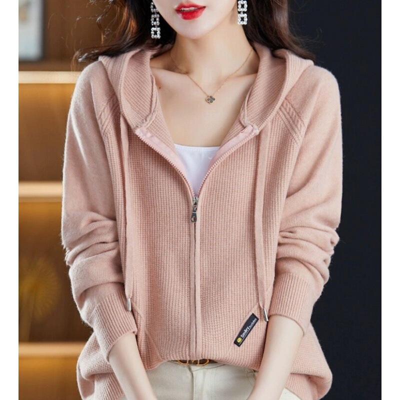 Pink sweater cardigan women's spring and autumn hooded outer top loose casual plus size fat zipper knitted coat women Pink sweater cardigan women's spring and autumn hooded outer top loose casual plus size fat zipper knitted coat women