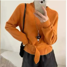 European Autumn and Winter New Pullover Belt Design Knit Sweater Women's Loose Slim Versatile Top Stylish